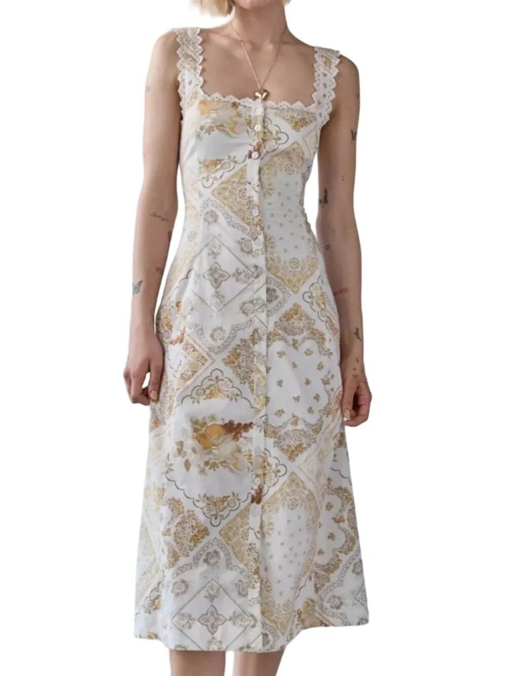 KIMCHI BLUE Martina Lace Trim Bandana Print Midi Dress Fruit Floral SZ XL